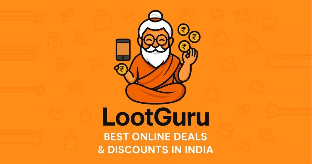 LootGuru promotional banner with sage mascot holding gold coins and smartphone, tagline “Best Online Deals & Discounts in India” on an orange shopping-themed background.