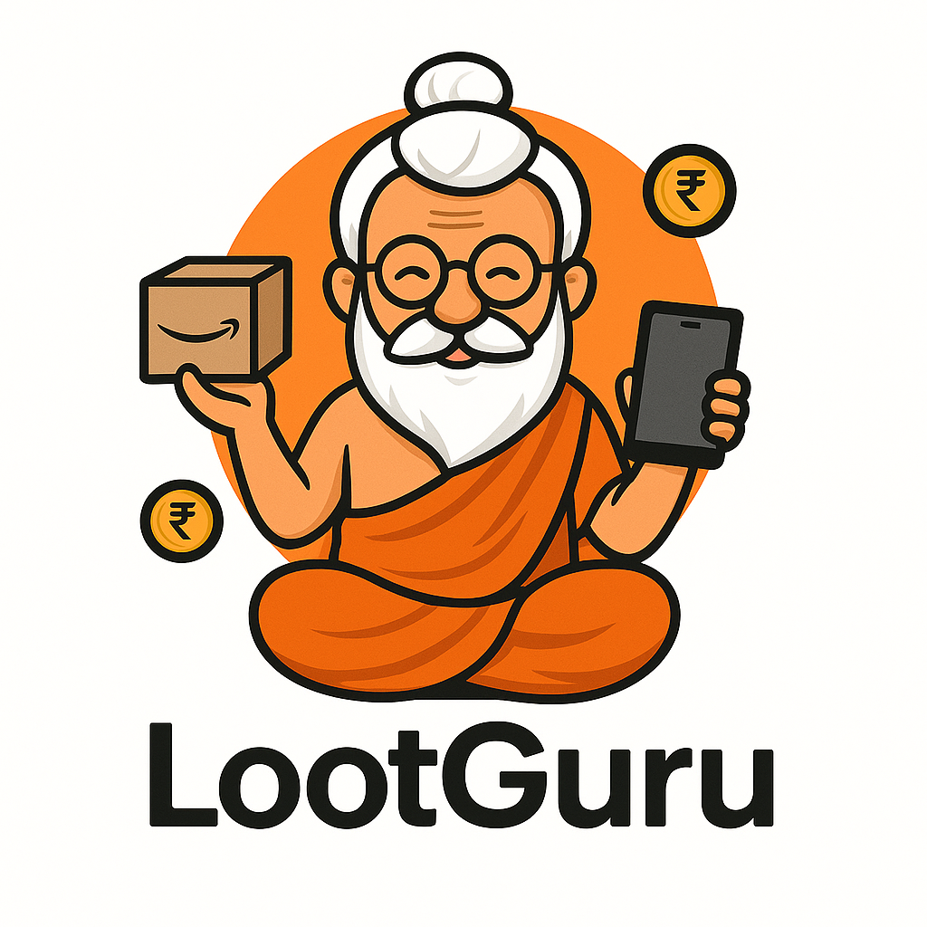 LootGuru logo – wise sage mascot holding gold coins, best online deals, discounts, and shopping offers in India for electronics, mobiles, and gadgets.